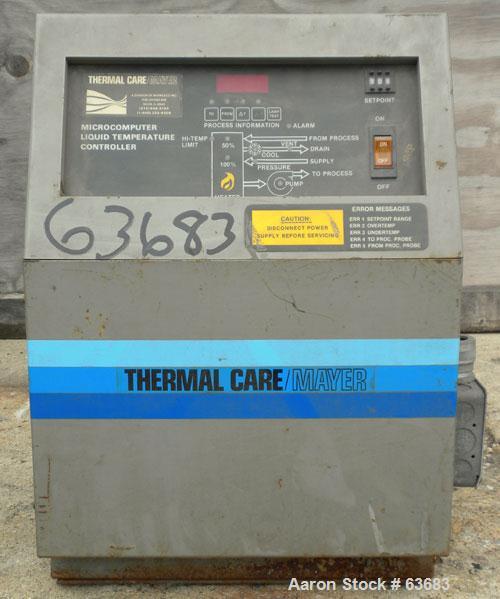 Used Thermalcare/Mayer Microcomputer Liquid Temperature Control Unit, Model MSMB2D00. 12 kW heater. 2 hp, 3/60/208-230/460 volt, 3450 rpm pump.  Connections from process 1-1/4" NPT; to process 1" NPT...