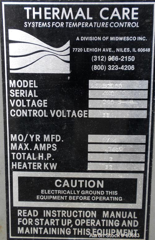 Used Thermalcare/Mayer Microcomputer Liquid Temperature Control Unit, Model MSMB2D00. 12 kW heater. 2 hp, 3/60/208-230/460 volt, 3450 rpm pump.  Connections from process 1-1/4" NPT; to process 1" NPT...
