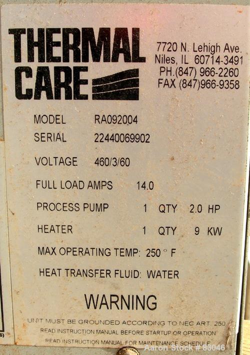 USED: Thermal Care Water Temperature Control Unit, model RA092004.   9 kw, single zone, 3/60/460 volt, 14 amp, max temp 250 deg F. Mounted on casters.