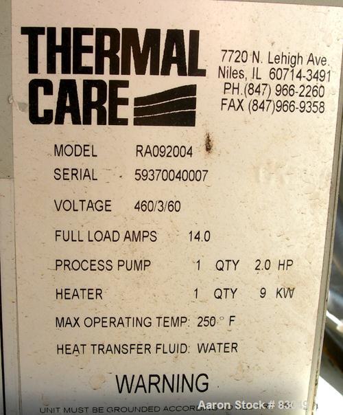 USED: Thermal Care Water Temperature Control Unit, model RA092004.   9 kw, single zone, 3/60/460 volt, 14 amp, max temp 250 deg F. Mounted on casters.