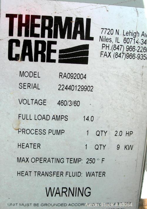 USED: Thermal Care Water Temperature Control Unit, model RA092004.   9 kw, single zone, 3/60/460 volt, 14 amp. Max temp 250 deg F. Mounted on casters.