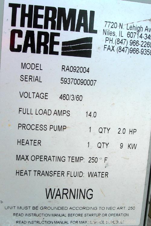 USED: Thermal Care Water Temperature Control Unit, model RA092004.   9 kw, single zone, 3/60/460 volt, 14 amp. Max temp 250 deg F. Mounted on casters.