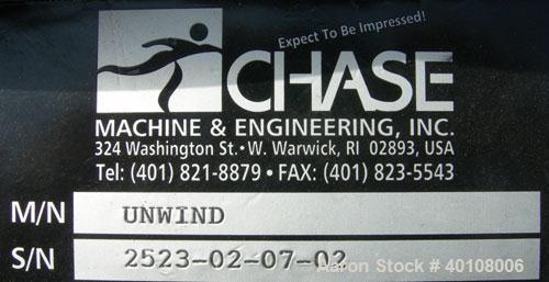 Used:Chase Machine and Engineering unwind unit. Single station. Approximately 30" wide capacity.Driven by a 1/2hp,180 volt, 1725 rpm DC motor with reducer, and DC motor controller.