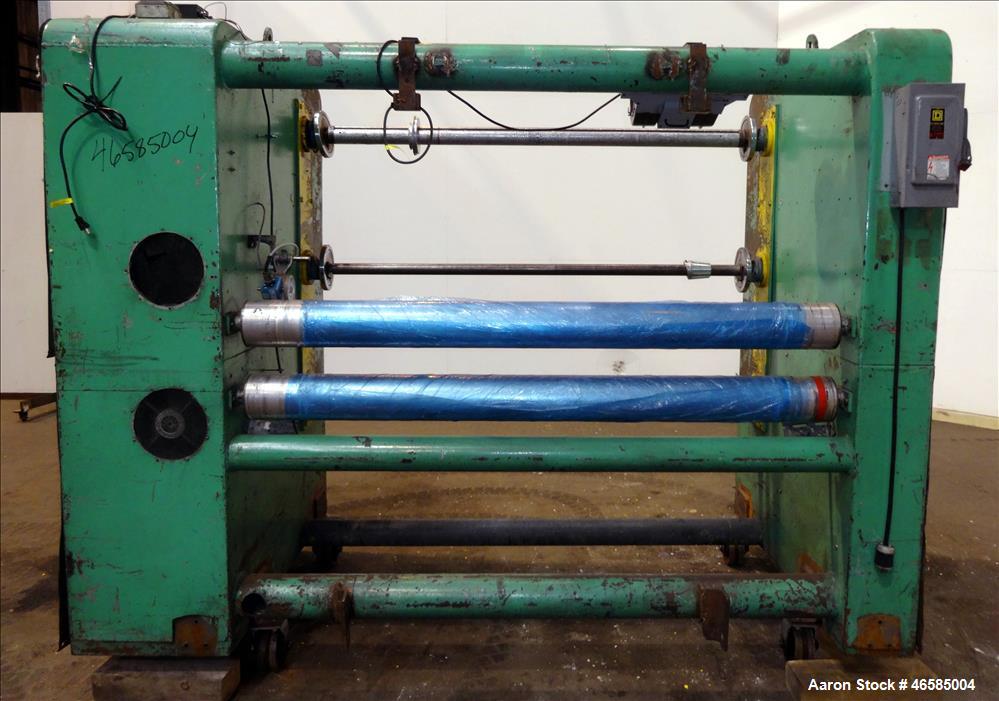 Used Fixed position winder, approximate (2) 74" x 6" diameter rolls driven by 2 hp, 180 volt, 1540 rpm motors with 30:1 gearbox ratio,  (2) 70" x 2", (1) 70" x 3" diameter driven by 2 hp, 180 volt, 1...