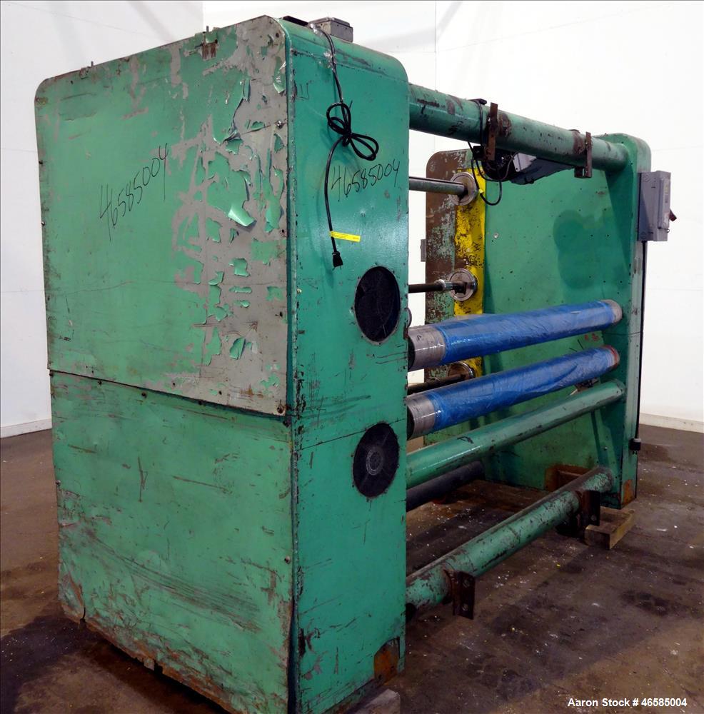 Used Fixed position winder, approximate (2) 74" x 6" diameter rolls driven by 2 hp, 180 volt, 1540 rpm motors with 30:1 gearbox ratio,  (2) 70" x 2", (1) 70" x 3" diameter driven by 2 hp, 180 volt, 1...