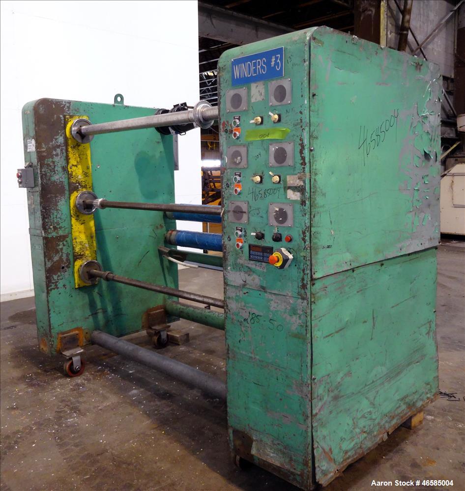 Used Fixed position winder, approximate (2) 74" x 6" diameter rolls driven by 2 hp, 180 volt, 1540 rpm motors with 30:1 gearbox ratio,  (2) 70" x 2", (1) 70" x 3" diameter driven by 2 hp, 180 volt, 1...