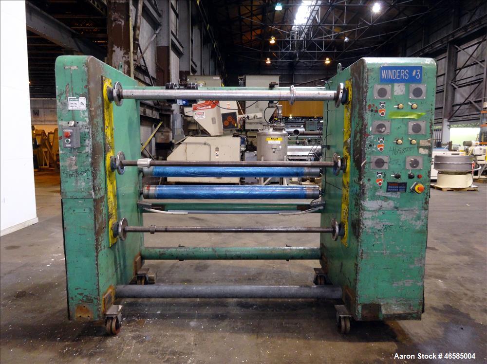 Used Fixed position winder, approximate (2) 74" x 6" diameter rolls driven by 2 hp, 180 volt, 1540 rpm motors with 30:1 gearbox ratio,  (2) 70" x 2", (1) 70" x 3" diameter driven by 2 hp, 180 volt, 1...