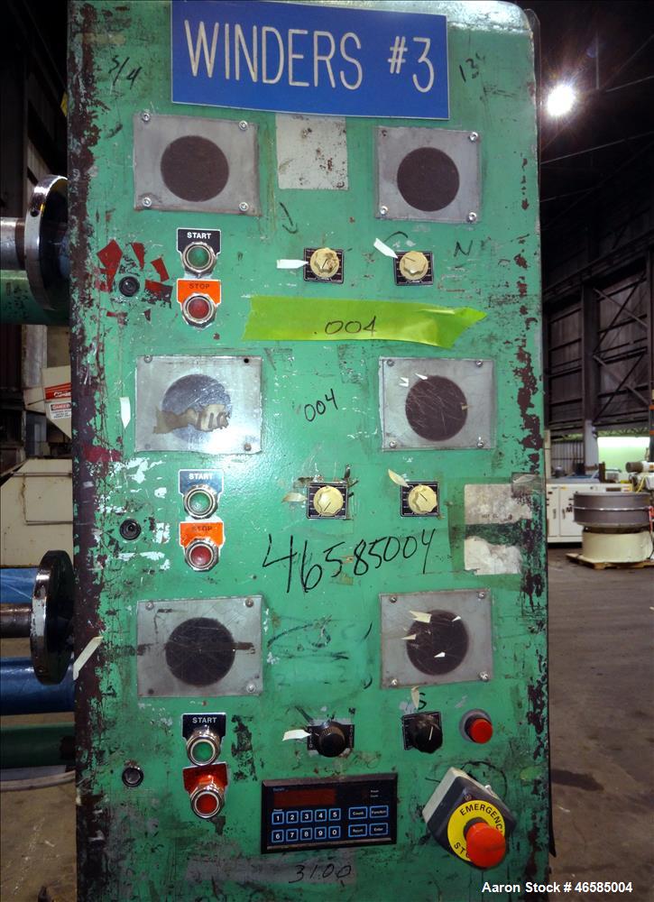 Used Fixed position winder, approximate (2) 74" x 6" diameter rolls driven by 2 hp, 180 volt, 1540 rpm motors with 30:1 gearbox ratio,  (2) 70" x 2", (1) 70" x 3" diameter driven by 2 hp, 180 volt, 1...