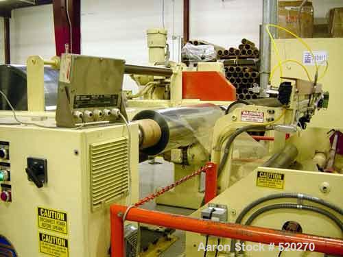 USED: 60" turret winder with autocut zip knife. Substitute vector for DC drives, bow rool and 2 slitting mechanism for inline slitting of 2 or 3 rolls, roll footage counter, 6" OD pneumatic shafts, a...