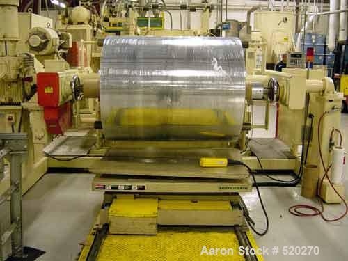USED: 60" turret winder with autocut zip knife. Substitute vector for DC drives, bow rool and 2 slitting mechanism for inline slitting of 2 or 3 rolls, roll footage counter, 6" OD pneumatic shafts, a...