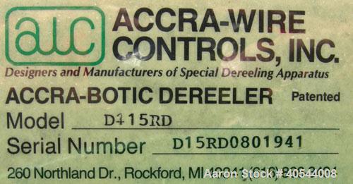 Used Accra Wire Controls Accra-Botic Rewind, Model D15RD. 0 to 200 feet per minute, 150 pound capcity, 26" diameter dual spindles, tension controlled. Driven by an approximate 1/2 HP DC gearmotor. Mo...