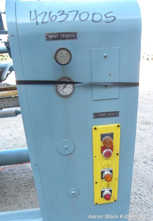 Used Gloucester Engineering Company Winder, Model #12, Carbon Steel. Single turret, approximately 72’’ wide capacity. Shaft driven by a 3/4 HP, 3/60/230/460 Volt, 1725 RPM gearmotor, clutch driven by...
