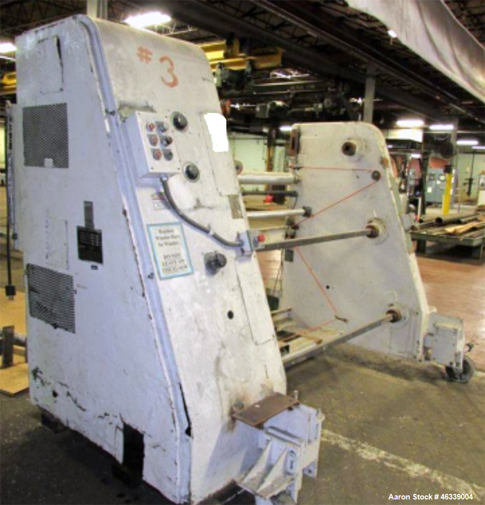 Used Hobbs Winder, Approximately 56" Wide. Approximately 6 to 75 feet per minute. (3) Hobbs winder motors, type 8 x 213 B, 3/60/440 volt, 700 rpm motors with Lima drives, model RSDC. Has manual adjus...