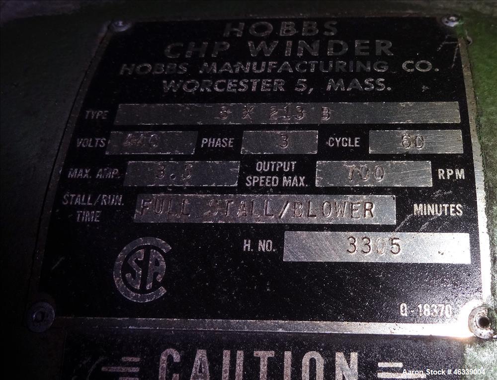 Used Hobbs Winder, Approximately 56" Wide. Approximately 6 to 75 feet per minute. (3) Hobbs winder motors, type 8 x 213 B, 3/60/440 volt, 700 rpm motors with Lima drives, model RSDC. Has manual adjus...