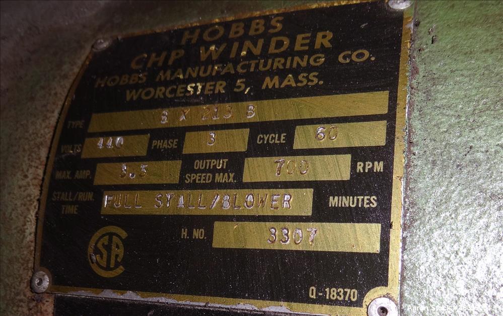 Used Hobbs Winder, Approximately 56" Wide. Approximately 6 to 75 feet per minute. (3) Hobbs winder motors, type 8 x 213 B, 3/60/440 volt, 700 rpm motors with Lima drives, model RSDC. Has manual adjus...
