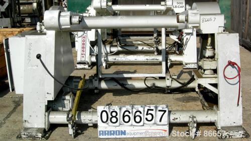 USED: Hobbs 41" wide single station dual turret winder, 500 lb capacity. Approximate 48" diameter roll size. Driven by dual 1/2 hp, 180 volt, 2600 rpm DC motors.