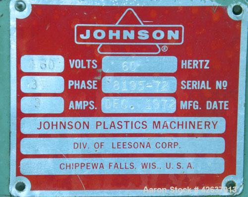 Used Johnson Plastics Machinery Dual Turret Winder, Approximately 36" wide. (1) Adjustable guide roll. Each roll driven by an approximate 2hp motor. Includes control panel. Mounted on casters.