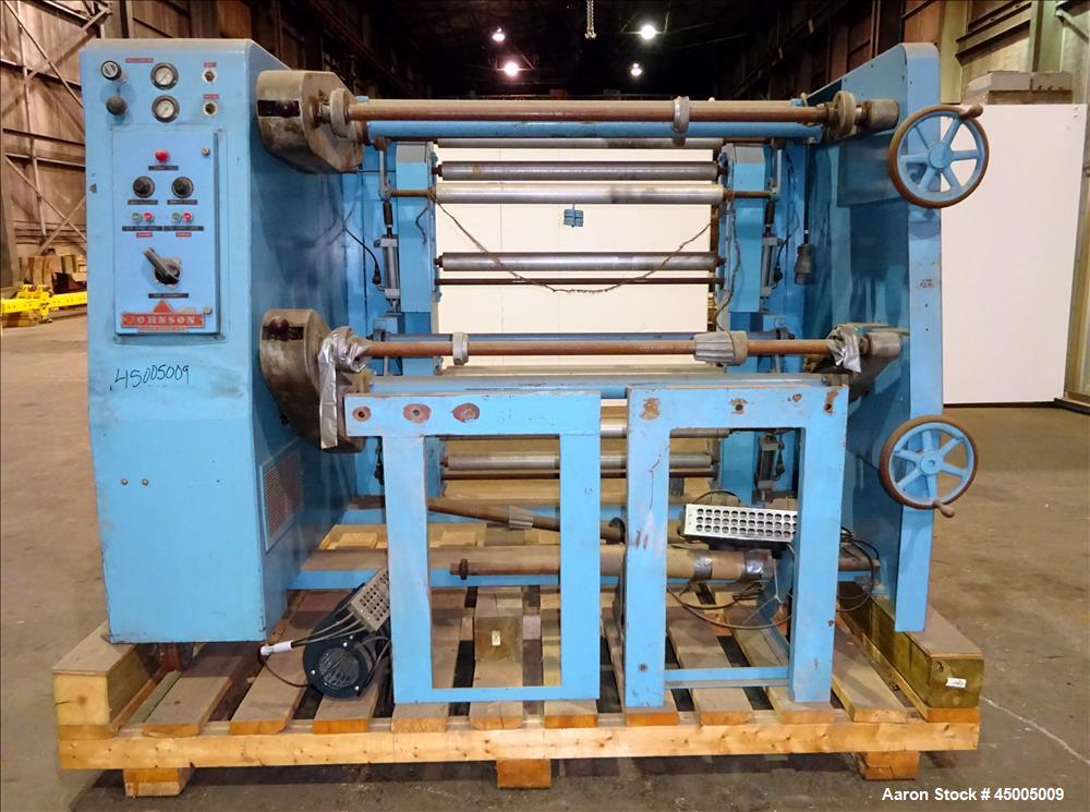 Used Johnson Dual Turret Winder, 48" Wide. Approximate 18" diameter roll capacity.