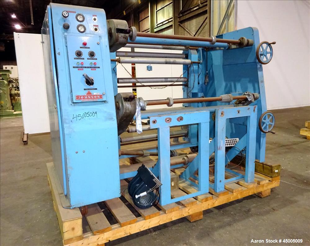 Used Johnson Dual Turret Winder, 48" Wide. Approximate 18" diameter roll capacity.