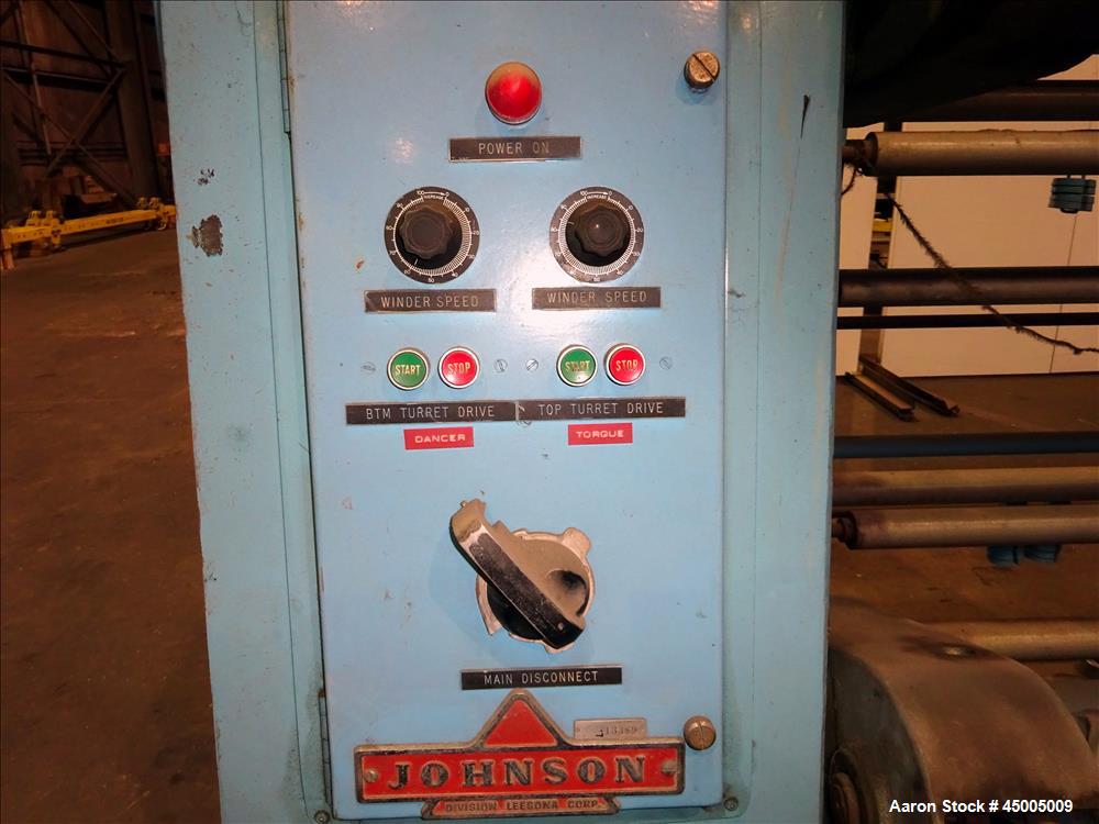 Used Johnson Dual Turret Winder, 48" Wide. Approximate 18" diameter roll capacity.