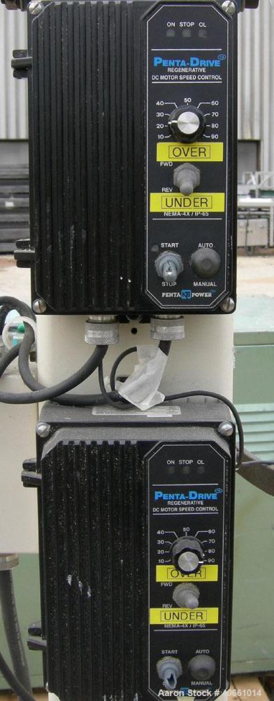 Used 2 Station winder.  Both stations driven by a 1/4 hp, 90 volt, 1750 rpm DC motor thru reducer, 20:1 ratio.  Includes (2) Penta Drive speed controllers.  Mounted on a carbon steel frame.
