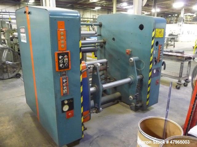 Used PMI Shaftless Single Turret Winder, 34" Wide, Model 223-30-01. Has dancer and layon rolls, DC drive. Good for 24" diameter rolls. Serial# 61700830, built 1986.