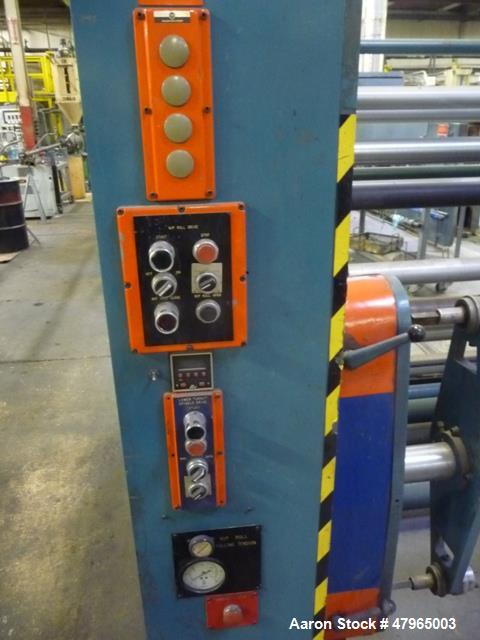 Used PMI Shaftless Single Turret Winder, 34" Wide, Model 223-30-01. Has dancer and layon rolls, DC drive. Good for 24" diameter rolls. Serial# 61700830, built 1986.