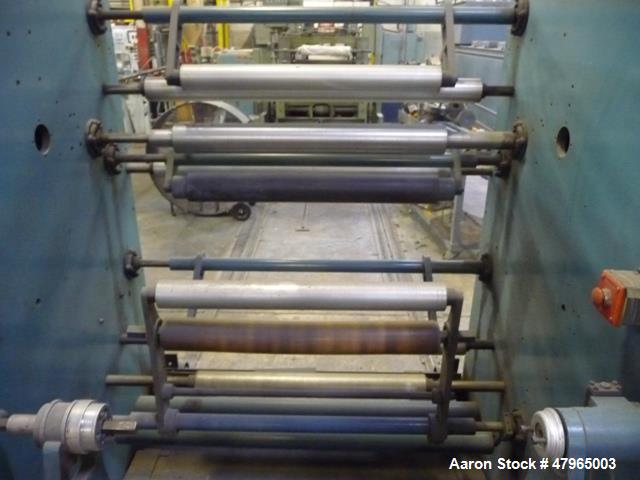Used PMI Shaftless Single Turret Winder, 34" Wide, Model 223-30-01. Has dancer and layon rolls, DC drive. Good for 24" diameter rolls. Serial# 61700830, built 1986.