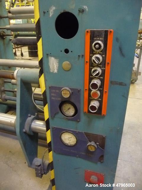 Used PMI Shaftless Single Turret Winder, 34" Wide, Model 223-30-01. Has dancer and layon rolls, DC drive. Good for 24" diameter rolls. Serial# 61700830, built 1986.