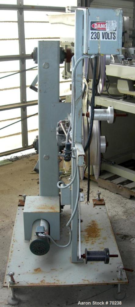 USED:Progressive Machine Co winder, model 601-LH. (2) 20" wide x4-1/2" wide max adjustable rolls. Driven by a 3/4 hp, 180 volt, 1725rpm motor. Includes controls, adjustable guides. Unit mounted oncas...