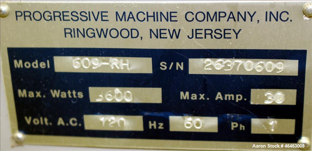 Used Progressive Machine Take-Up Spooling Machine, Model 609-RH. Maximum unwinding speed of 600 feet per minute. Maximum package weight 80 lbs., maximum width 20", maximum O.D. 28". Driven by a 3/4 h...