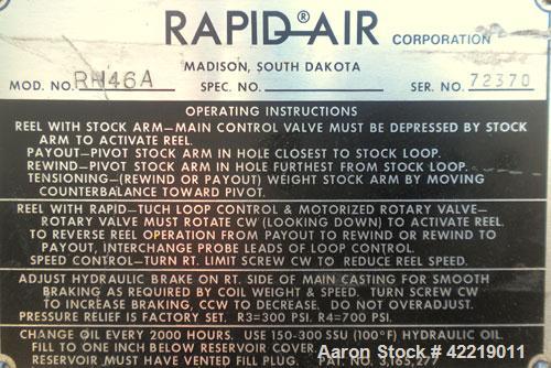 Used Rapid-Air Reel Winder System consisting of: (3) Rapid-Air winders, model RH46-A, serial numbers 72370-72371-72215. Approximate 22’’ wide capacity. (3) 1/2 hp, 3/60/220/440 volt, 1275 rpm motors....