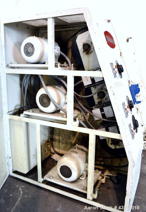 Used Welex 3 Fixed Position Winder. Approximate 31’’ wide x 30’’ diameter rolls, (3) fixed positions on 24" centers. Each station is driven by a torque motor with control. Includes (3) air shafts.