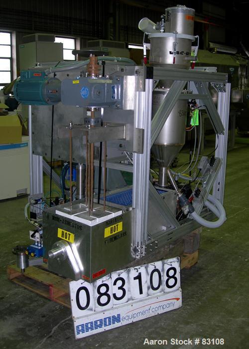 USED: Nylon/wire spinning line consisting of (1) 1" single screw extruder, 30:1 L/D ratio. Electrically heated, air cooled 7 zone barrel. Water cooled feed throat with hopper. Driven by a 5 hp, 3/60/...