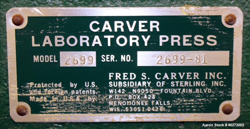 Used Carver Laboratory Manual Press, Model 2699, 30 Ton Clamping Force. Hydraulic, 4 post upstroke type. (2) 12" long x 12" wide electrically heated platens. Maximum temperature 650 degrees F. 6" Str...