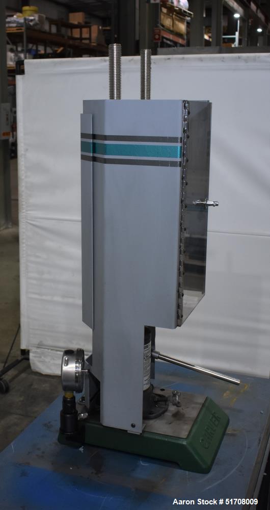 Used Carver Standard Press, Model 3851 (C). 12 Ton clamping force. Non-heated platen size 6" x 6". Ram stroke 5.1". Daylight opening .75 to 18". (2) Tie bars, approximate 1-1/8" diameter. Manual hydr...