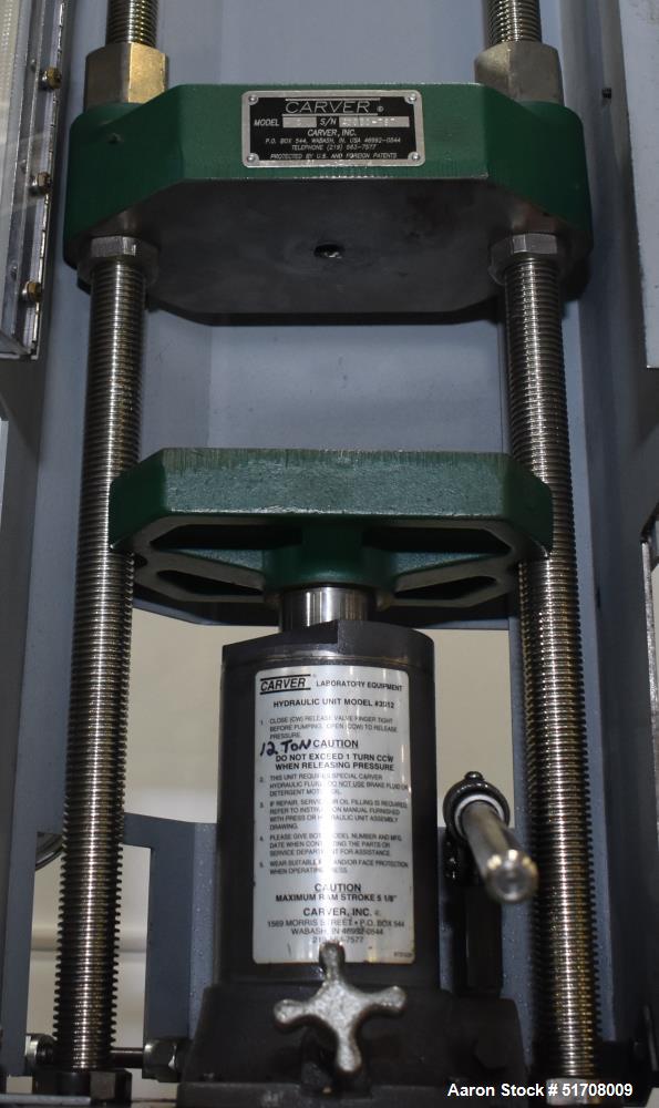 Used Carver Standard Press, Model 3851 (C). 12 Ton clamping force. Non-heated platen size 6" x 6". Ram stroke 5.1". Daylight opening .75 to 18". (2) Tie bars, approximate 1-1/8" diameter. Manual hydr...