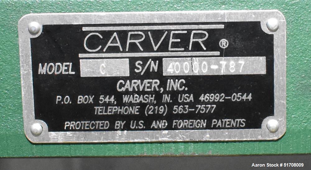 Used Carver Standard Press, Model 3851 (C). 12 Ton clamping force. Non-heated platen size 6" x 6". Ram stroke 5.1". Daylight opening .75 to 18". (2) Tie bars, approximate 1-1/8" diameter. Manual hydr...