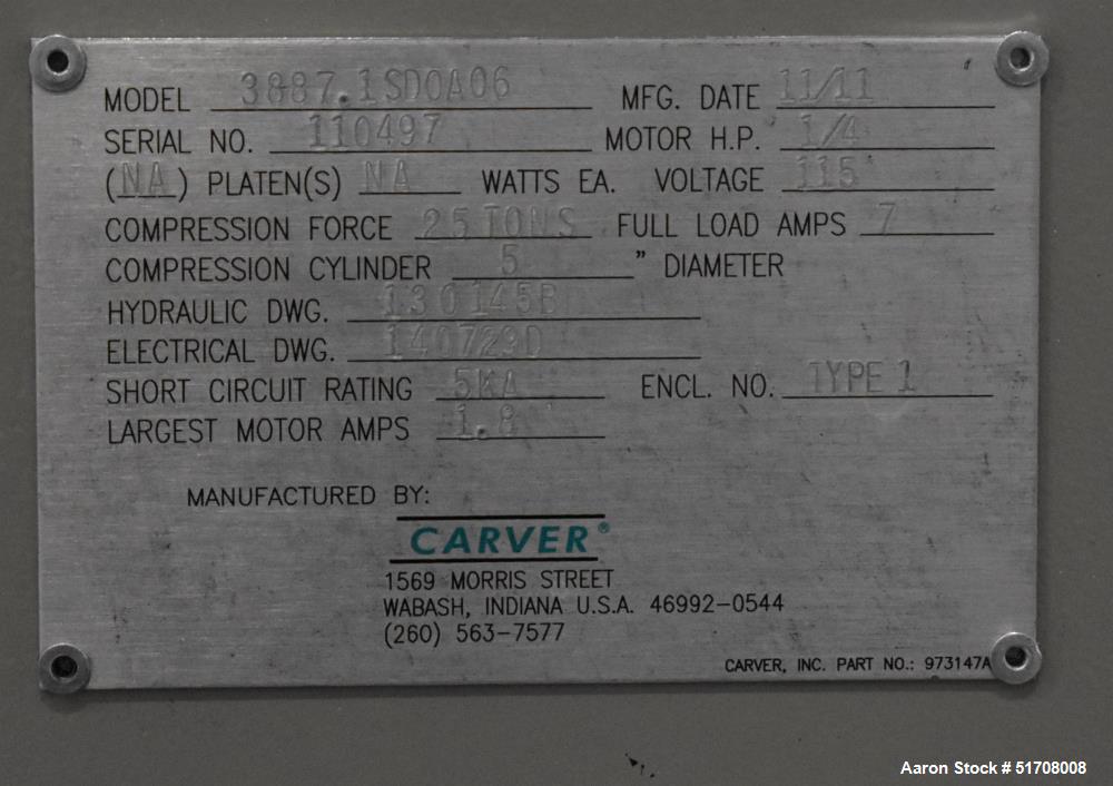 Used- Carver AutoPellet Press, Model 3887.1SD0A06. 25 Ton maximum clamp force. 5" Diameter platen. 13MM Die. Ram stroke 1". ...