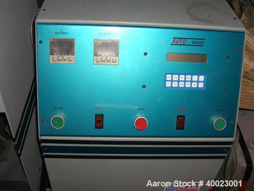 Used Carver Auto "C" Two Post Hydraulic Press. Model 38894D1000. 15 Ton capacity. 6" x 6" heated platen. 6" stroke.0"-15" daylight. mfg. in 1995
