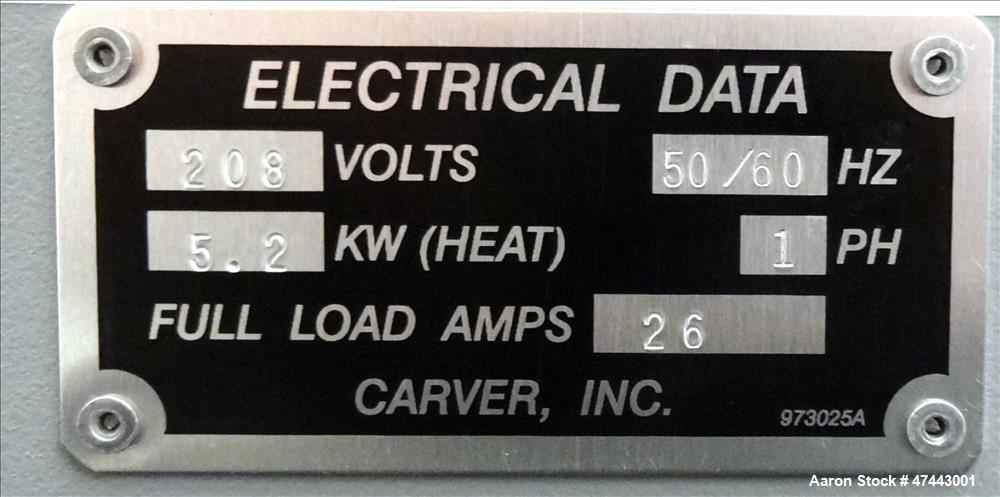 Used- Carver Heated Four Post Manual Hydraulic Press, Model 12-12H (4122), 12 To