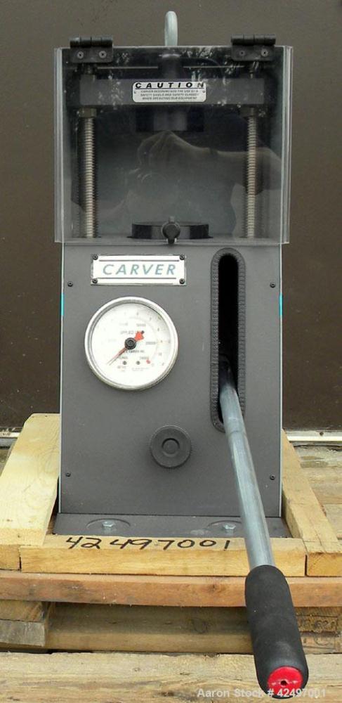 Used Carver Manual Hydraulic Pellet Press, 12 Ton Clamping Force, Model 4350.L. Hand operated, for 0-12 tons (24,000 pounds). 4’’ Diameter round platen. Ram stroke 5.1", daylight opening 0" to 5.50"....