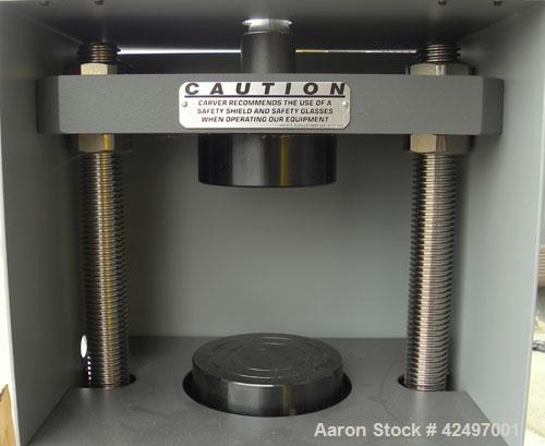 Used Carver Manual Hydraulic Pellet Press, 12 Ton Clamping Force, Model 4350.L. Hand operated, for 0-12 tons (24,000 pounds). 4’’ Diameter round platen. Ram stroke 5.1", daylight opening 0" to 5.50"....