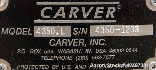 Used Carver Manual Hydraulic Pellet Press, 12 Ton Clamping Force, Model 4350.L. Hand operated, for 0-12 tons (24,000 pounds). 4’’ Diameter round platen. Ram stroke 5.1", daylight opening 0" to 5.50"....