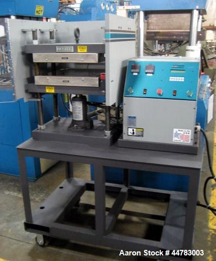 Used Carver 7.5 Ton Hydraulic Molding & Laminating Press, Model 4425-4D10A01.  (4) Post upstroke type, table model on stand.  Distance between 1.25" diameter posts:  17.25" L-R x 15" F-B. Platen area...