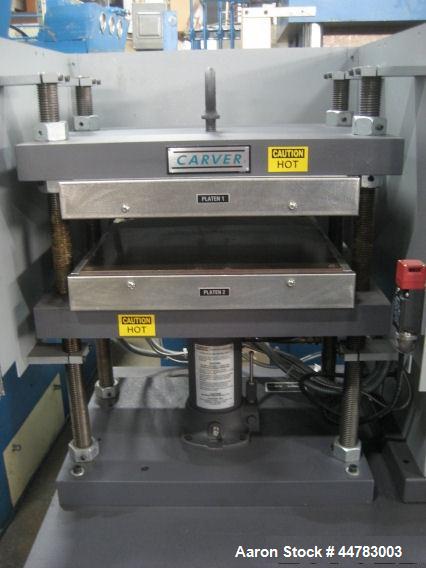 Used Carver 7.5 Ton Hydraulic Molding & Laminating Press, Model 4425-4D10A01.  (4) Post upstroke type, table model on stand.  Distance between 1.25" diameter posts:  17.25" L-R x 15" F-B. Platen area...
