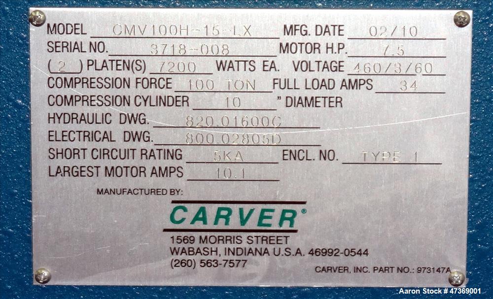 Used Carver Monarch Series Hydraulic Compression Press, Model CMV100H-15-LX, 10