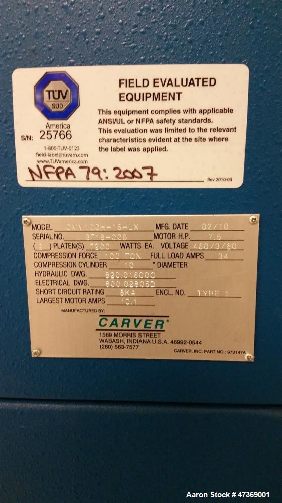 Used Carver Monarch Series Hydraulic Compression Press, Model CMV100H-15-LX, 10