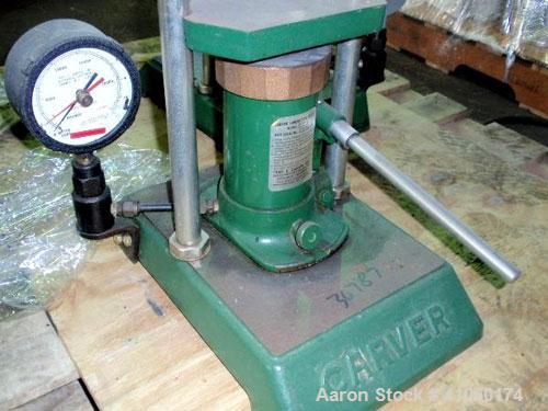 Used Carver Manual Hydraulic Lab Press, 12 Ton Clamping Force, Model C. Requires (2) 6" x 6" platens. Ram stroke 5.1", daylight opening 3/4" to 18".