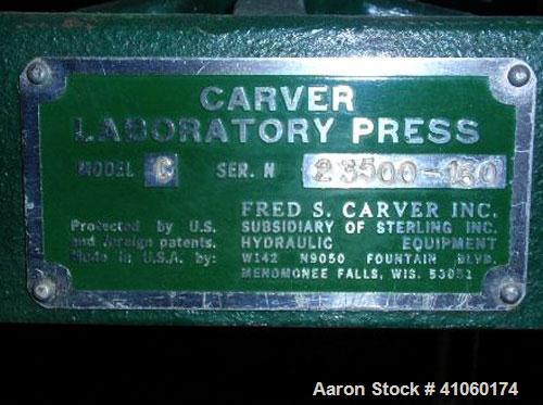 Used Carver Manual Hydraulic Lab Press, 12 Ton Clamping Force, Model C. Requires (2) 6" x 6" platens. Ram stroke 5.1", daylight opening 3/4" to 18".